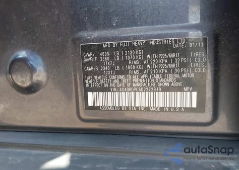 2013 Subaru Outback 3.6R Limited from USA, damaged, VIN 4S4BRDPC6D2272919